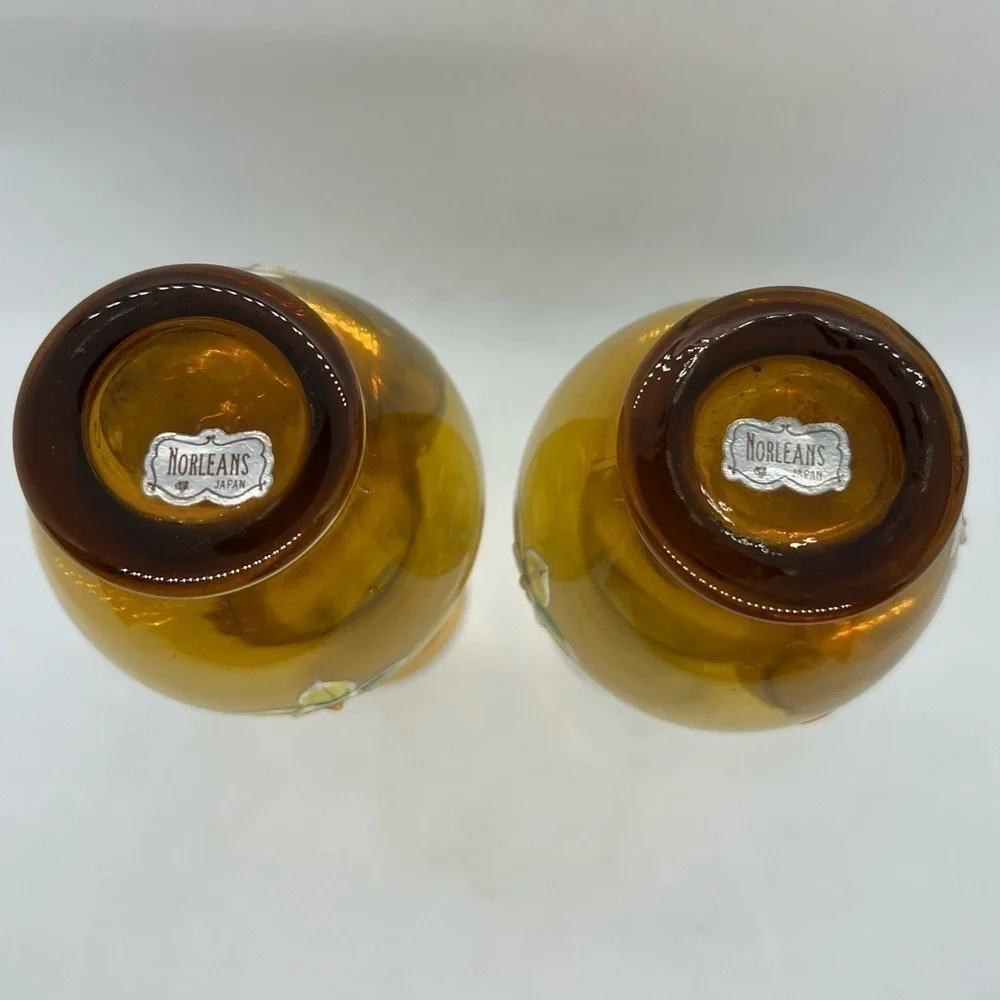 Pair of Vintage Norleans Japan Amber Vases Hand Painted Flowers and Gold Accents